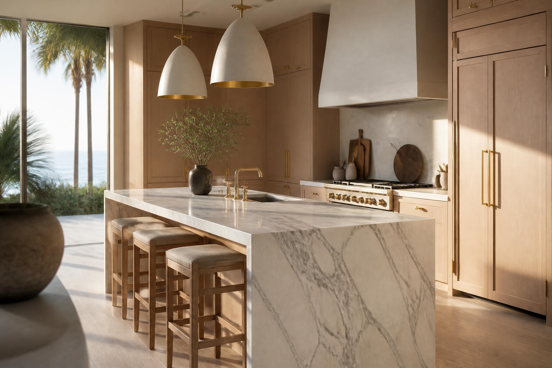 Custom luxury kitchen with navy cabinetry and marble island